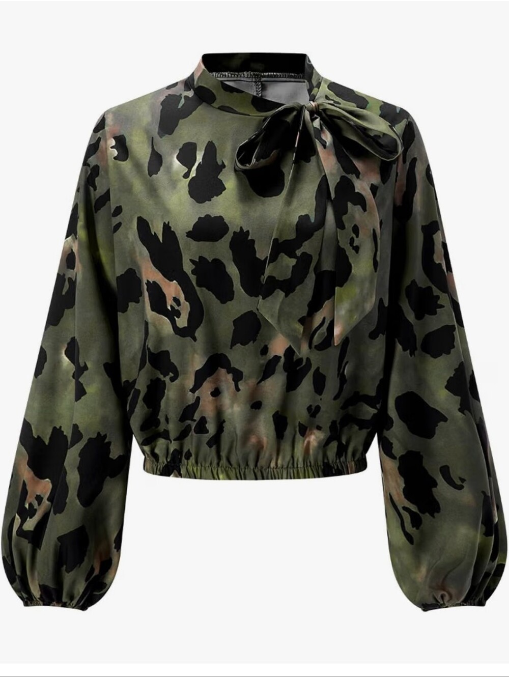 Olive Green Camouflage Bow-Neck Long Sleeve Top